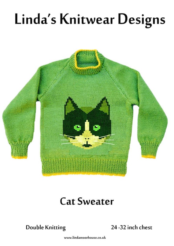 Children's sweater knitting pattern with a cat motif