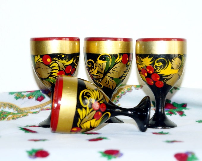 Vintage set of 4 wooden cup Khokhloma - Soviet stemware hand-painted - Khokhloma painting - Hand painted wooden cups - Vintage USSR