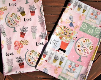 Cotton Tea Towels, Set of 2 Cotton Towels, Flower Love Towels, Kitchen Towels, Dish Towels, Mothers Day Gift