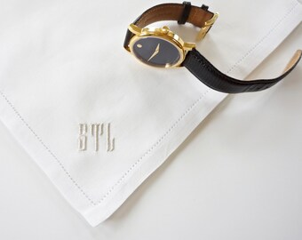 Men's Custom Monogrammed Handkerchief, Cotton or Finest Linen Hemstitched Embroidered Pocket Square