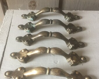 Pairs of Vintage Brass Cabinet Drawer Pulls Handle, Architectural Salvage Kitchen / Bathroom Hardware
