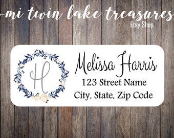 Floral Wreath Return Labels / Adhesive Address Labels / Guest Invitation, Mailing Labels / Boho Personalized Stickers / Blue Wreath Labels