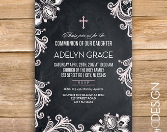Lace First Holy Communion invitation, Communion Invite, Baptism Invite, Religious, Girl, Cross, Chalkboard, printable, instant download