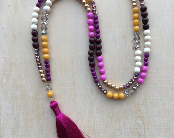 Colorful Beaded Tassel Necklace, Multi Bead Necklace, Long Beaded Necklace, Boho Necklace,Statement Necklace