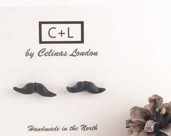 Moustache Earrings - Moustaches - Black moustache studs - Clay moustache earrings - Handmade moustache studs