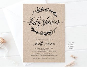 Baby Shower Invitation Template, Rustic Laurels, Printable Gender Neutral Baby Shower Invite, Editable Template, Instant Download #017BS