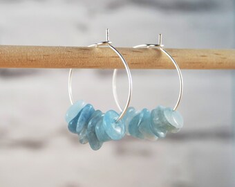 Aquamarine Hoop Earrings, Gemstone Hoop Earrings, Beaded Hoop Earrings, Aquamarine Earrings, Beaded Gemstone Earrings, March Birthstone