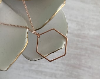 Dainty Rose Gold Hexagon Necklace // Rose Gold Necklace// Modern Hexagon Charm // Simple Geometric Necklace
