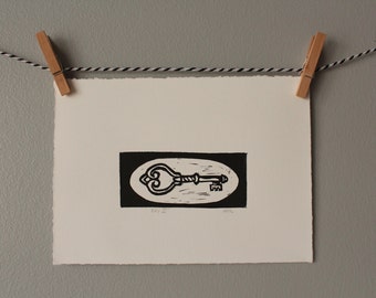 key print, black and white print, vintage key, original art, linocut,