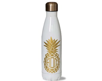 AOII. Alpha Omicron Pi Sorority Stainless Steel Water Bottle With Gold Pineapple Greek Letter design
