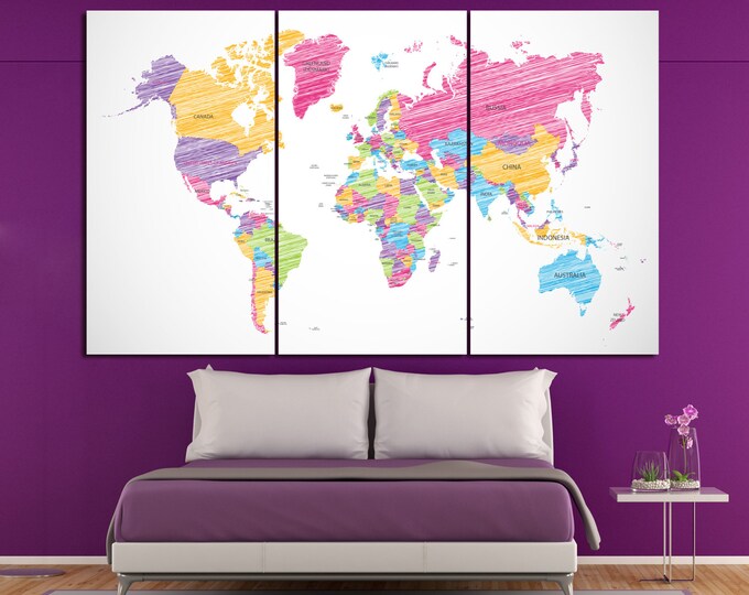 Shaded Colorful world map with countries large world map canvas art colorful map 3 or 5 panels set Colorful push pin map canvas wall art