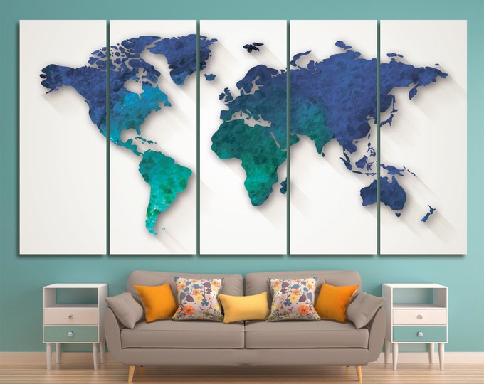 Aquamarine Large World Map Poster Canvas Set Panels , aquamarine map aqua word map / 5 Panels on Canvas Wall Art for Home & Office Decor