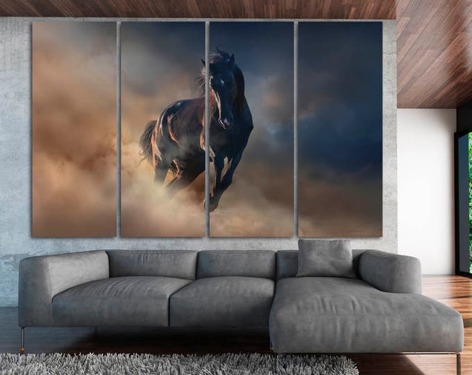 Running horse modern wall art canvas print set of 3 or 5 panels, large dark abstract running horse painting on canvas wall art