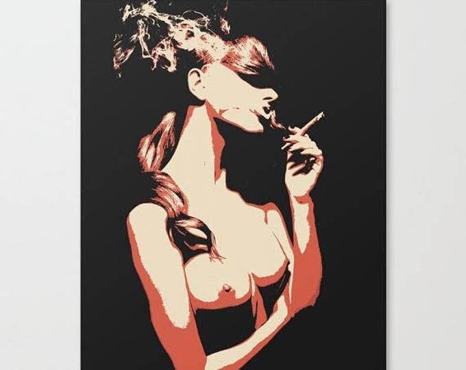 Erotic Art Canvas Print - Sex & cigarette, unique sexy conte style drawing, perfect shapes girl smoking sketch, sensual high ...