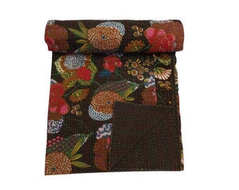 Kantha Quilt Gudri, Handmade Kantha Ethnic Stitch Decorative Gudri Print King Size Quilt ,Indian Handmade Bohemian Bedspread