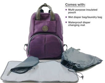 Ultimate Diaper Bag Backpack (Purple or Grey/Blue color), Perfect Baby Shower Gift