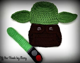 Crochet Yoda Inspired Hat and Diaper Cover Set/Light Saber/Multi-Size
