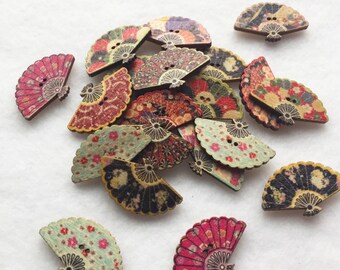 20 pc small wooden fan buttons painted wood buttons wooden japanese fan wood buttons painted wood buttons oriental fans A201