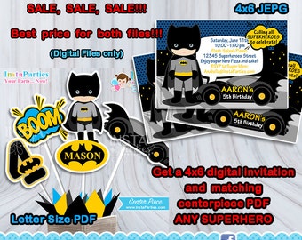 Batman invitations centerpieces party, Superheroes centerpiece boy girl decorations Birthday Party super digital decor supplies PERSONALIZED