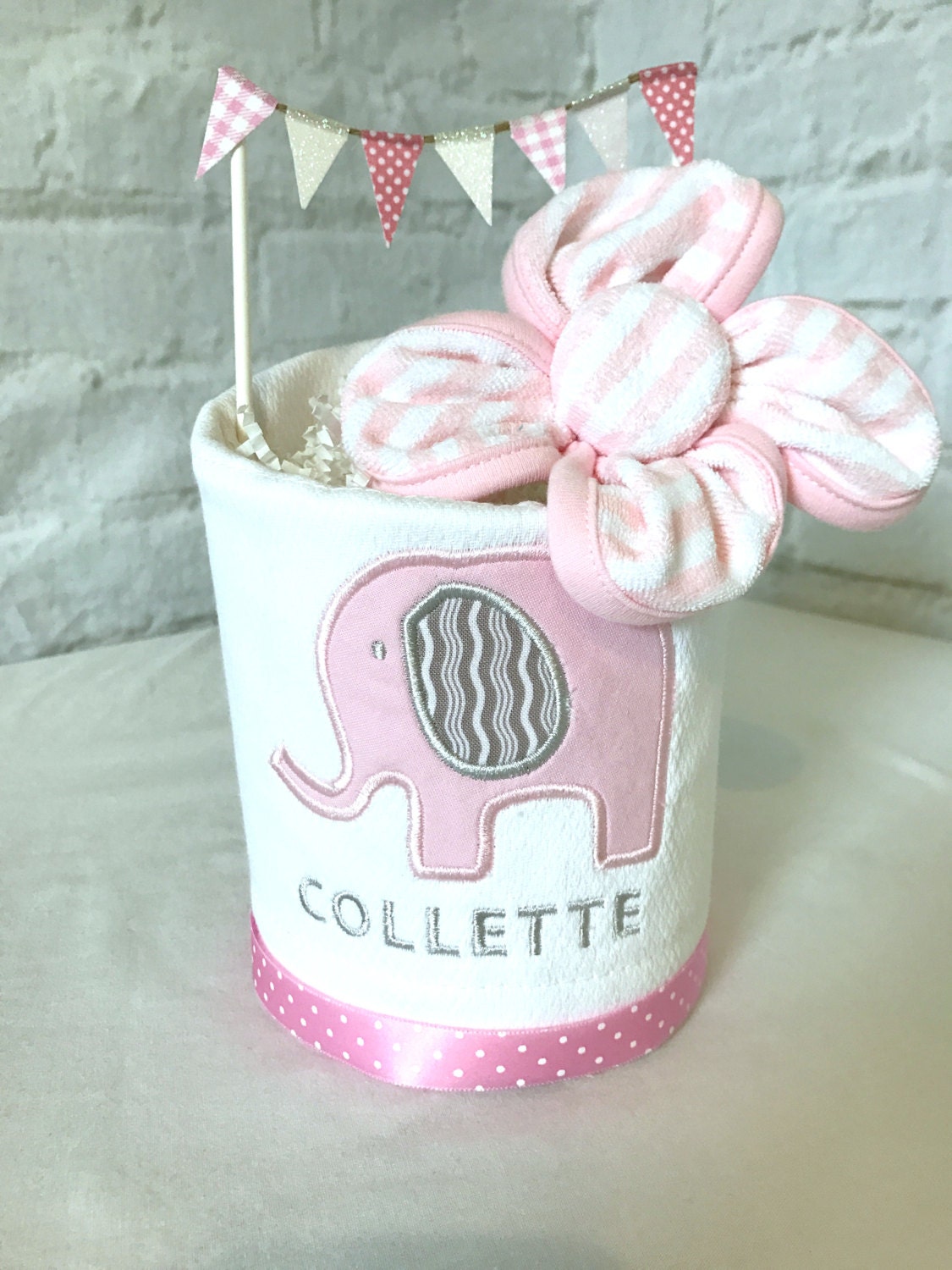 Elephant Diaper Cake, Pink & Gray Elephant, Pink Elephant baby shower, Baby shower centerpiece, Baby Sprinkle Gift, Monogrammed Baby Gift