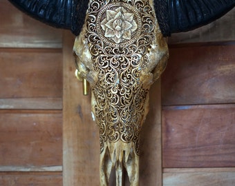 HAND CARVED Buffalo Skull and Horns Taxidermy, 24" Brown Varnish Bull Skull Carving, Perfect Home and Office Decoration, A Unique Gift