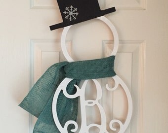 Monogram Snowman Door Hanger - Winter Door Hanger - Snowman Initial Wreath - Monogram Snowman Wreath - Winter Door Decoration -Letter Wreath