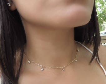 Dainty Choker Necklace, Delicate Gold Choker, Dangle Crystal Necklace , CZ Dangle Choker, Shaker Choker,Layered Choker,Dangle Diamond Choker