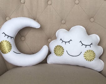 Sleeping moon and cloud throw pillows, Moon throw pillow, cloud throw pillow, children's bedroom decor, nursery room, kids decor, pillow