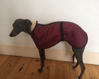 Burgundy Fleece Lined Waterproof Dog Coat 5 SIZES with Adjustable Clip Strap Whippet/ Greyhound/ Lurcher/ Italian Greyhound/ Sighthound