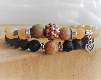 Couples bracelets of Aventurine, Unakite and Lava stone, special Valentine's day