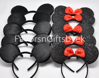 10 Sparkly Minnie Ears Mickey Ears Minnie Mouse Ears Mickey Mouse Ears Headbands RED Bows Sparkle Ears