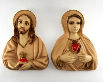 Vintage Pair Sacred Heart Mary and Jesus - Ceramics / Chalkware Hand Painted Wall Plaque - Religious Themed Decorations