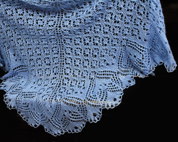 Knitted shawl, blue shawl, shawl scarf, triangular scarf, mohair shawl, openwork scarf, downy shawl, lacy shawl