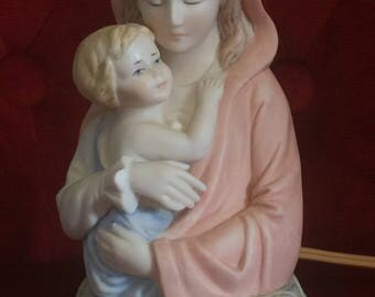 Vintage Chalkware Madonna Mother and Child Lamp MOTHER'S DAY GIFT