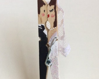 Bridal Shower Favors For Guests - Wedding Place Card Holders - Unique Bridal Shower Favor - Clothespin Bride and Groom - Pack Of 25 - Bridal
