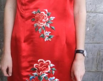 Red silk, embroidered Cheongsam