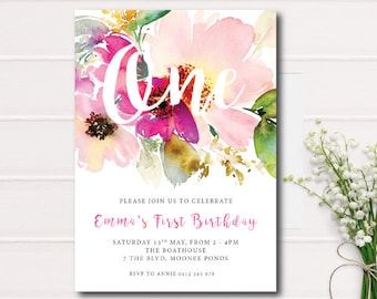 Pink Floral First Birthday Invitation, Garden Birthday Invitation, Rustic First Bday, Printable Invitation, Garden Birthday Invite Girl,Bday