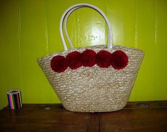 Pompom straw tote bag