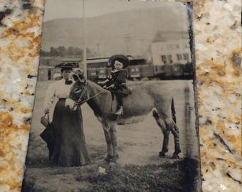 Mother , Child, and Donkey: Antique Tintype Outdoor Photograph