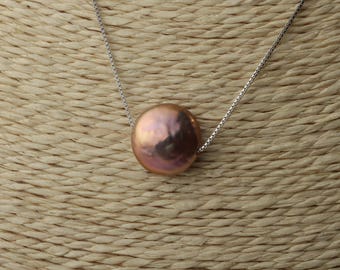 Purple Coin Pearl necklace,Metallic Purple Button Pearl, Natural Freshwater Pearl,Handmade, Pearl Jewelery,Sterling Silver Chain