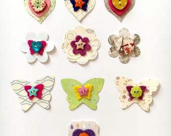 Paper embellishments, flower embellishments, butterflies embellishments, heart embellishments, craft embellishments, card making