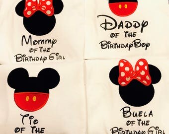 Happy Birthday! Personalized Mommy, Daddy, Tia, Tio, Buela of the Birthday Girl Minnie Mouse Applique and Embroidered Shirt, Onesie, Dress,