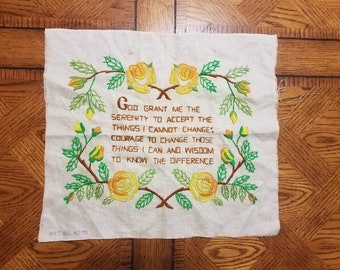 Vintage 70's Crewel Embroidered Sampler God Grant Me