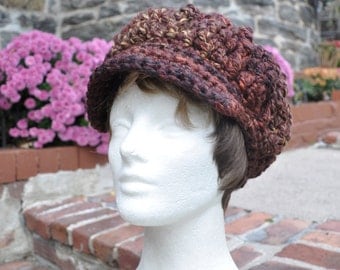Brown Newsboy Hat - Crocheted Hat in Wool Acrylic Blend - Women's Hat with Brim - Chunky Knits - Winter Accessories - Winter Hat