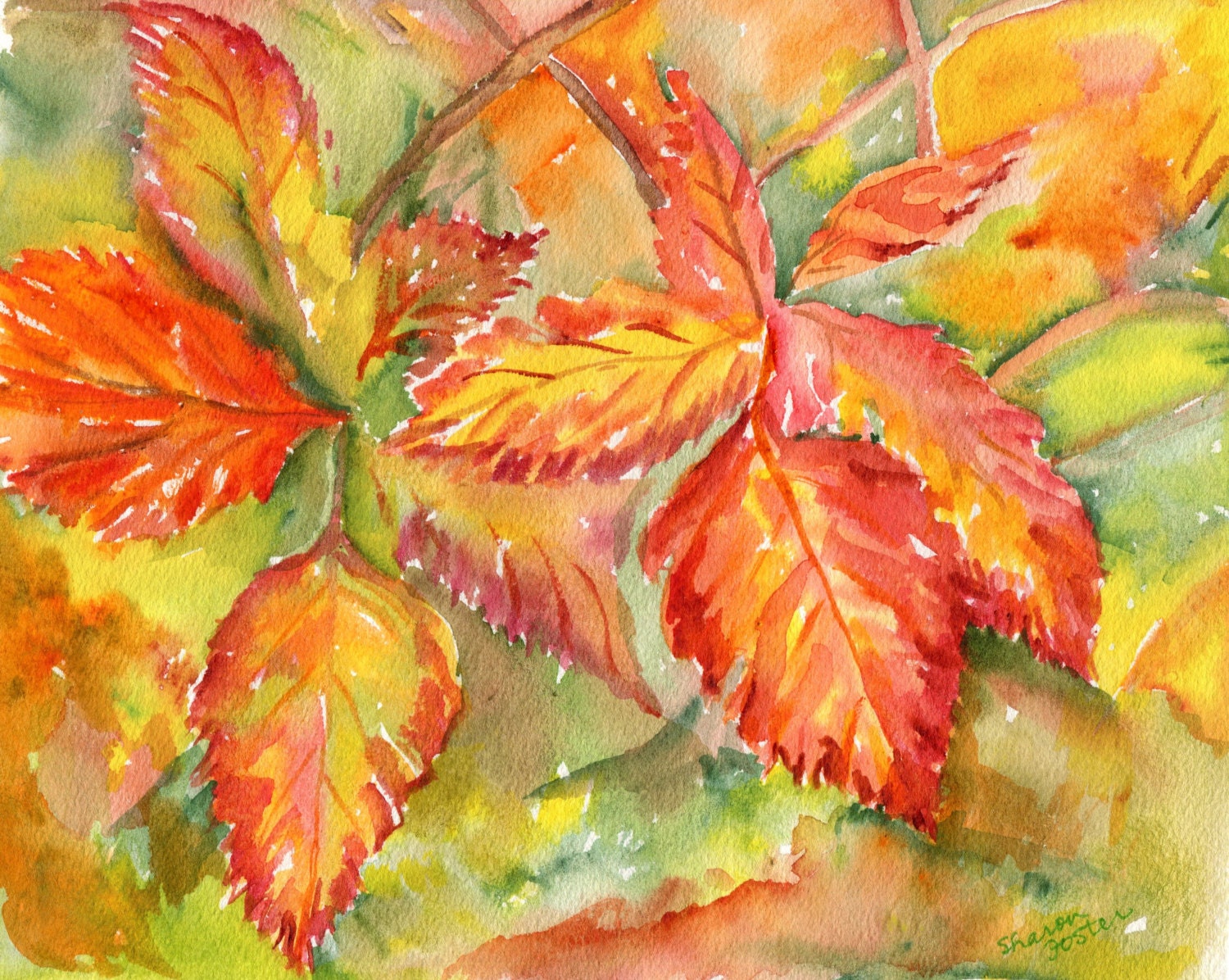 Fall Leaves Watercolors Paintings Original 8 x 10 Yellow red