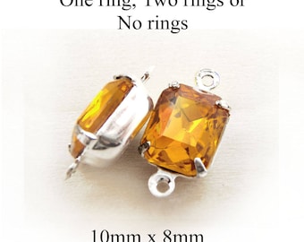 Golden Topaz Vintage Glass Beads - 10mm x 8mm Octagon - Silver or Brass Settings - Glass Gems or Charms - Rhinestones - One Pair