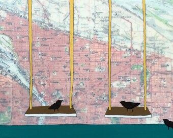 Portland / 9 x 15 Map Painting / Oregon Art / Map Art / Modern Decor / Swings / Bird Art