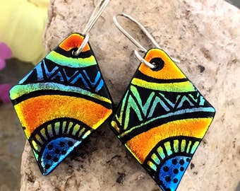 OOAK Hand Etched Dichroic Earrings Fused Glass & Sterling Silver Handmade Wires