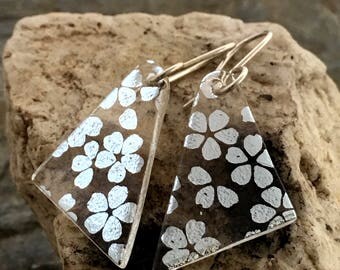 Translucent Silver Blossoms Dichroic Glass Earrings with Sterling Silver Hooks