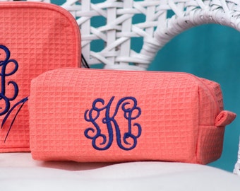 Small Size Monogrammed Cosmetic Bag - Personalized makeup bags Purse sized make up case waffle weave cosmetics bags bridesmaids makeup bags